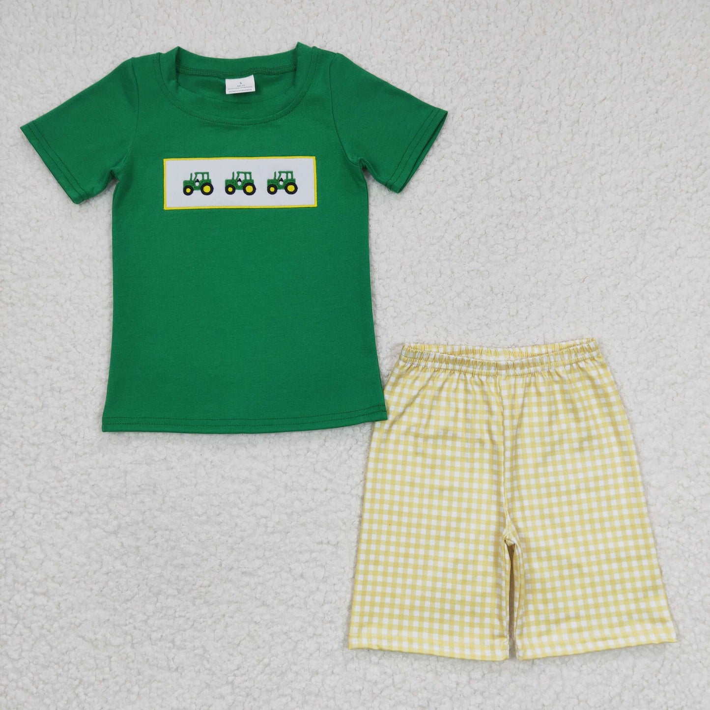 RTS NO MOQ BSSO0126 Boys Farm Cart Green Short Sleeve Yellow Shorts Set
