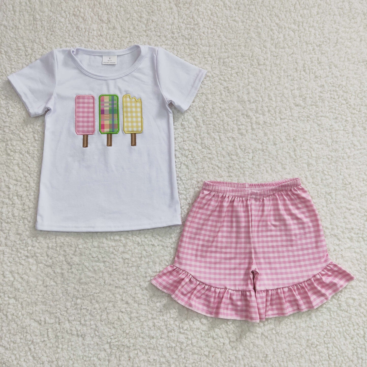 rts no moq GSSO0157 Girls Embroidered Popsicle Ice Cream White Short Sleeve Pink Shorts Set