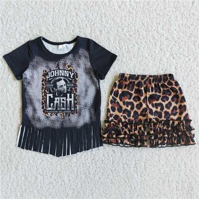 Cute Clothes C0-16 girls black Tassels tops Leopard Shorts sets