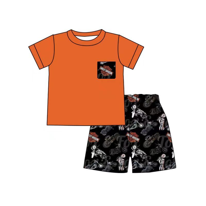 Boys Orange Letter Pocket Short Sleeve Motorcycle Shorts Set