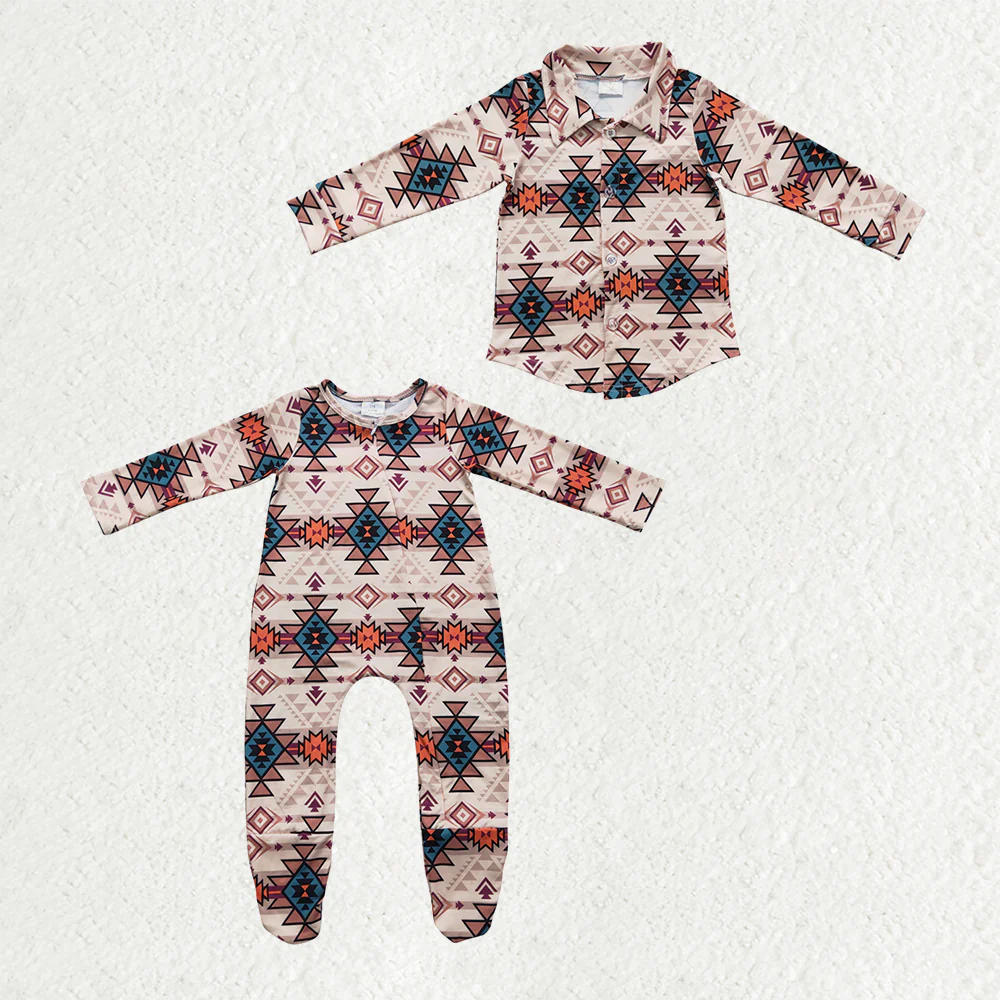 RTS NO MOQ Sibling baby boy clothes geometric long sleeve top and romper