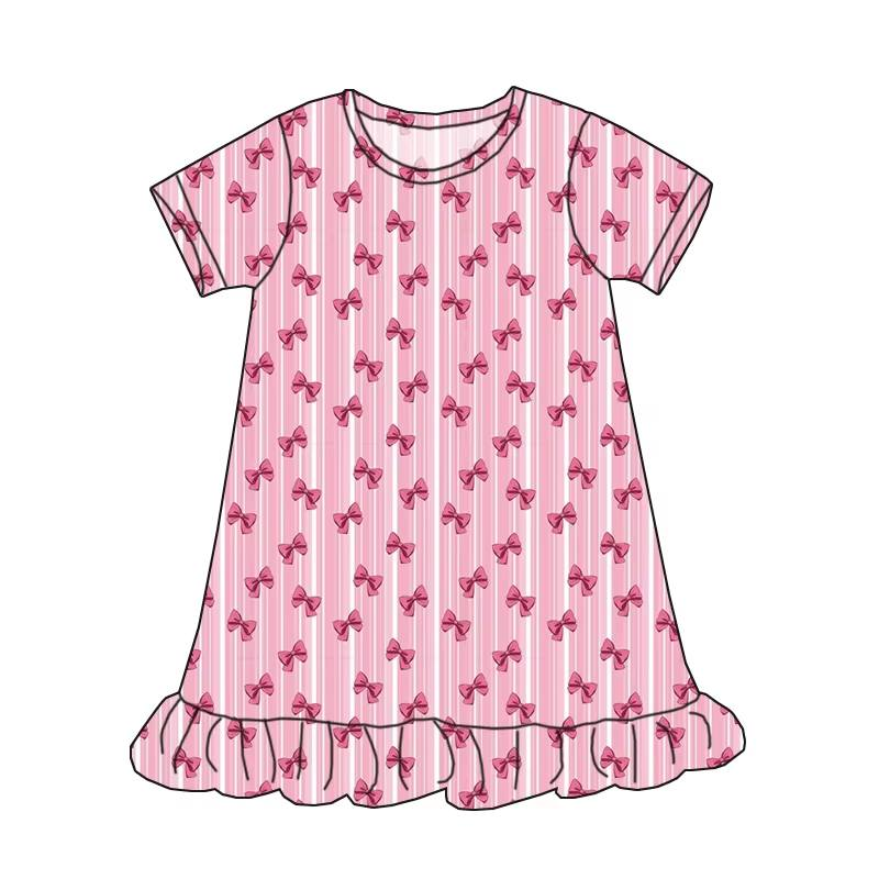 Custom moq 5 each style eta 6-7weeks milk silk baby girls summer bow pink short sleeves dresses-25.7.26