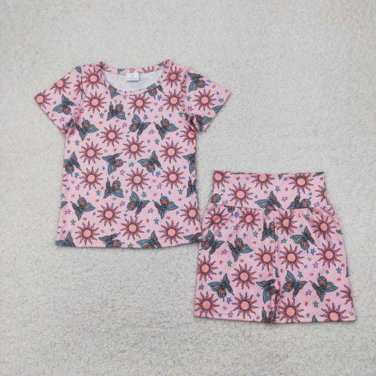 RTS NO MOQ GSSO2437 Butterfly Sun Star Pink Short Sleeve Shorts Set