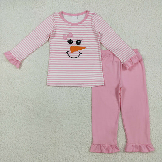 RTS NO MOQ（In Stock) GLP2520 Embroidered Christmas snowman smiley face pink striped long-sleeved trousers pajama set