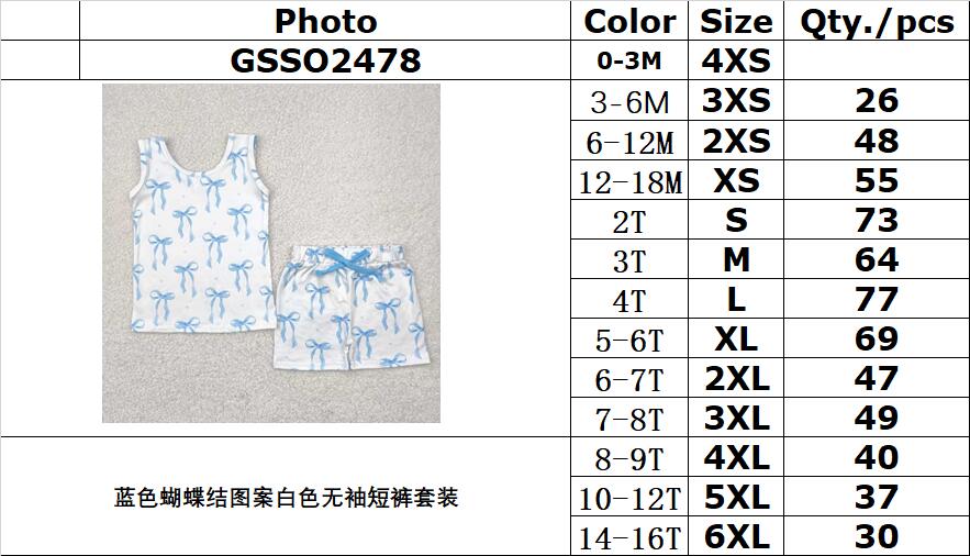 RTS NO MOQ GSSO2478 White sleeveless shorts set with blue bow pattern