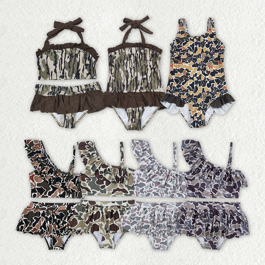 RTS NO MOQ baby girl clothes Camouflage Short Skirt Set & Swimsuit