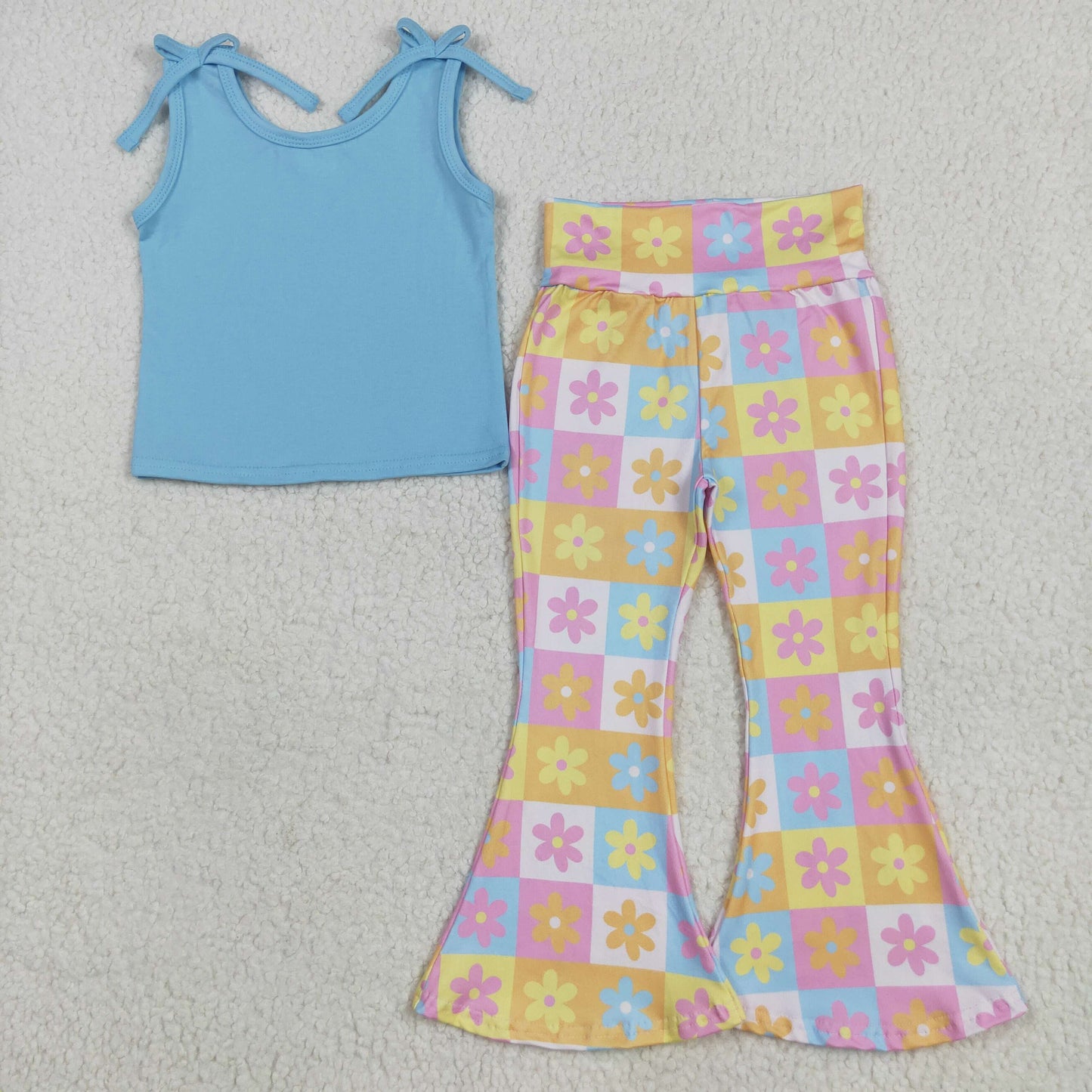 RTS NO MOQ GSPO2017 Pure blue sleeveless floral colored plaid trouser suit