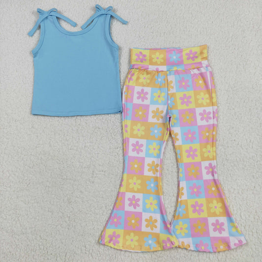 RTS NO MOQ GSPO2017 Pure blue sleeveless floral colored plaid trouser suit