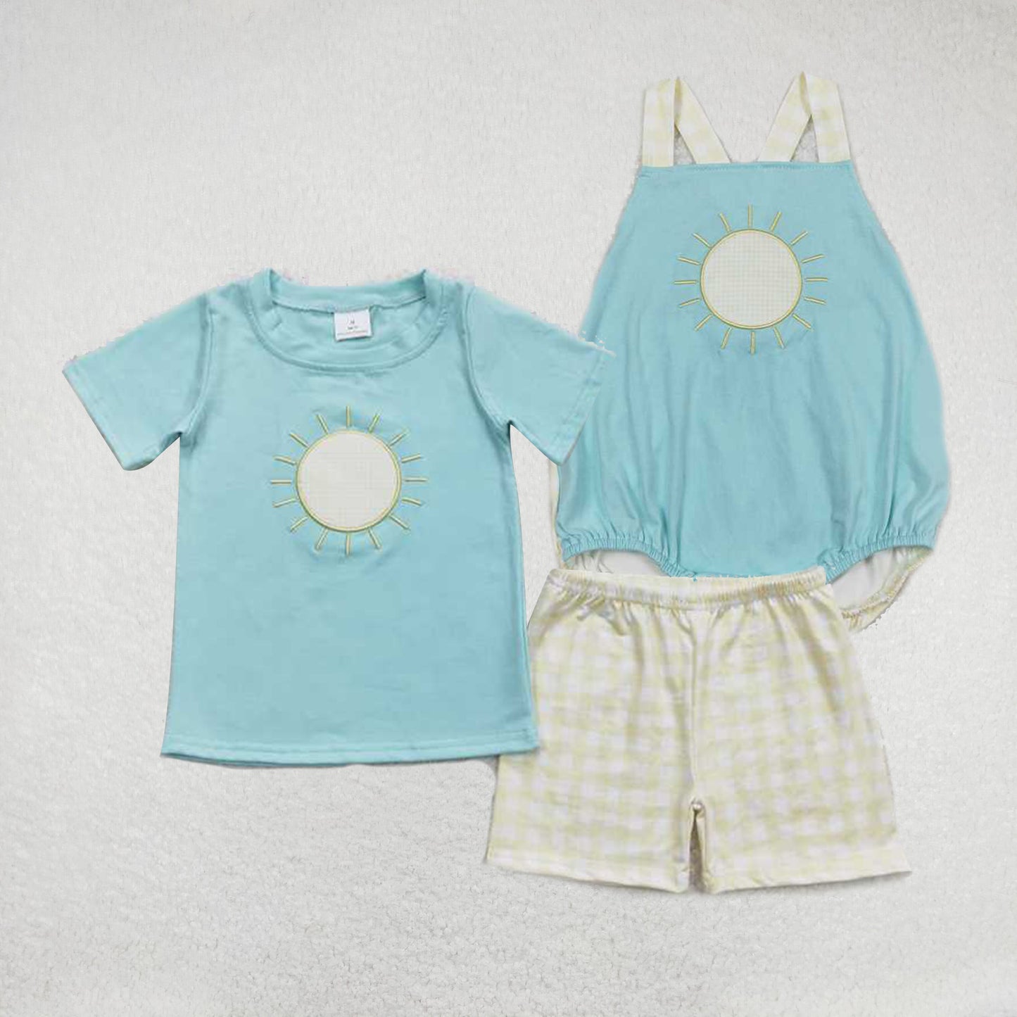Baby boys sun prints solid color yellow plaid Sibling Sister Clothes Sets