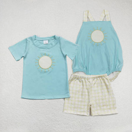 Baby boys sun prints solid color yellow plaid Sibling Sister Clothes Sets