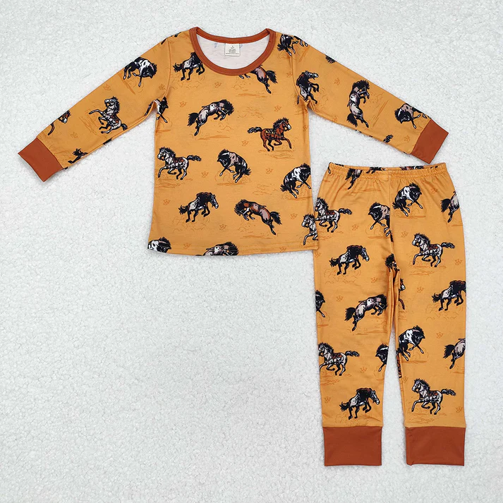 RTS NO MOQ Baby Boys Galloping Horse Brown Long Sleeve Long Pants Pajama Set & Crawling Suit