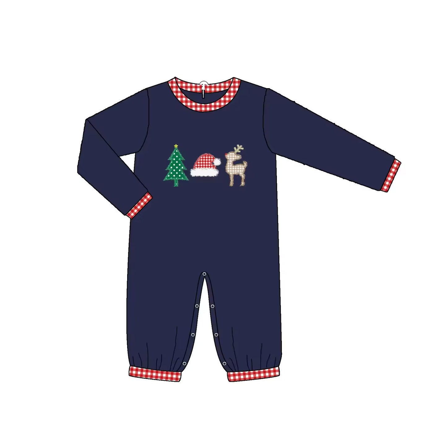 Custom moq 3 eta 6-8 weeks Navy blue embroidered Christmas tree hat and elk long jumpsuit