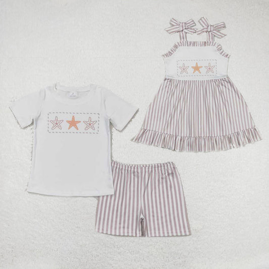 Baby Girls boys starfish prints brown plaid white boys and girls outfits Family siblings set