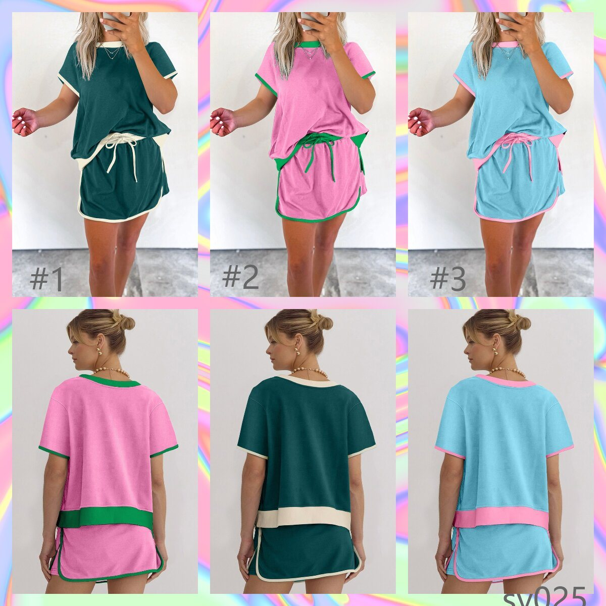 Custom moq 5 eta 6-7weeks adult Colorblock Drop Shoulder T Shirt Skort 2Pcs Set COLOR：Blue，Green，Pink