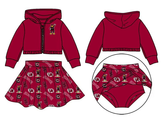 custom moq 3 eta 6-7weeks team summer baby girls clothes brick red hooded with skirts sets