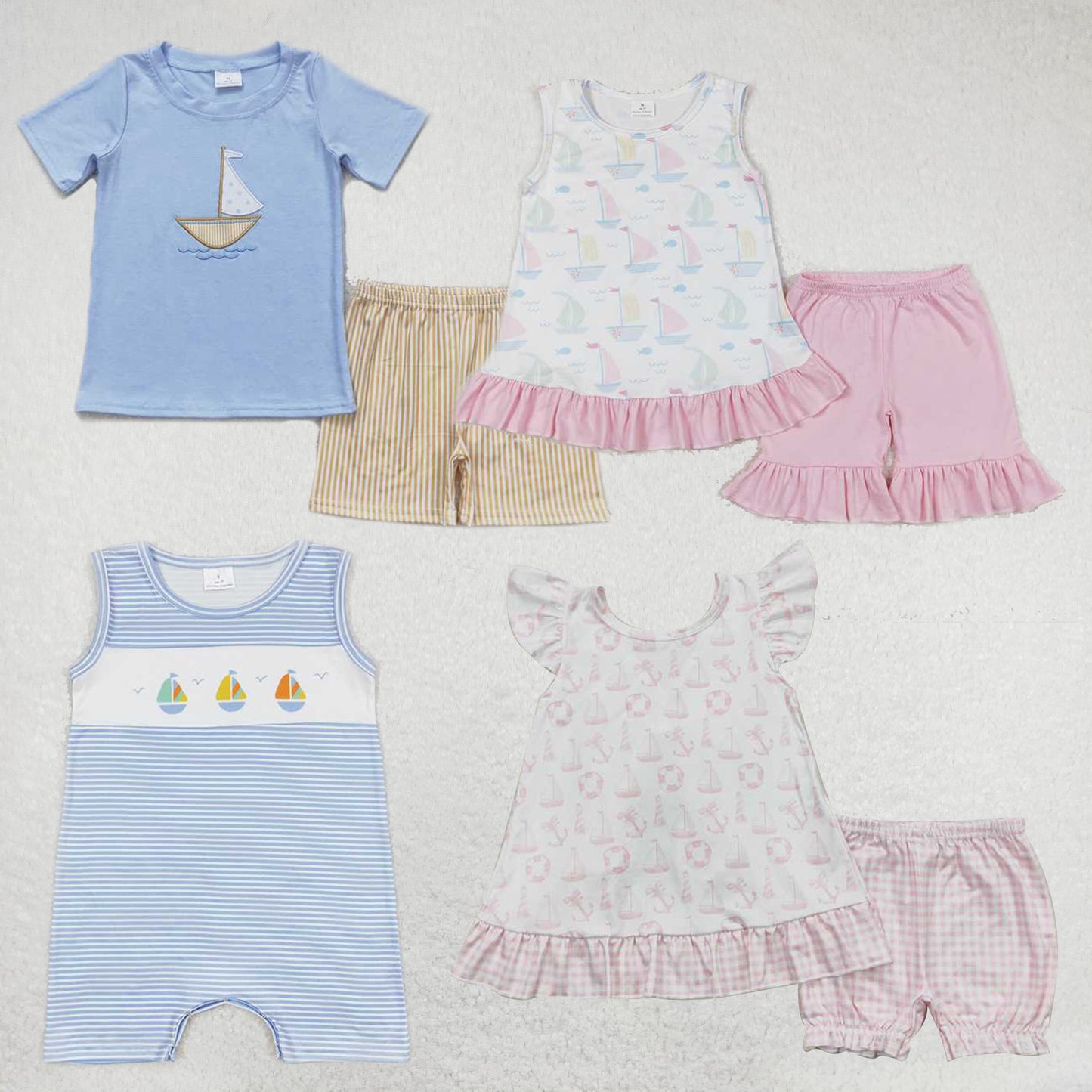 Baby boys sailboat print blue Sibling Sister Clothes Sets