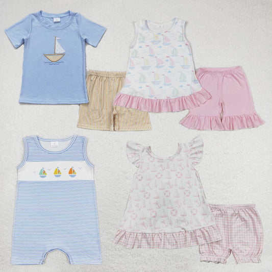 Baby boys sailboat print blue Sibling Sister Clothes Sets