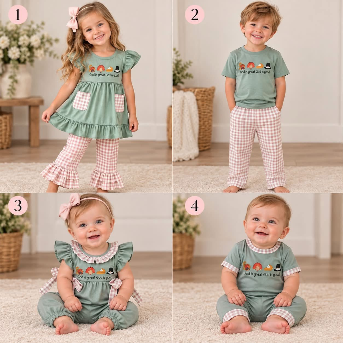 RTS Sibling baby boy girl clothes cotton fabric with viny  god is great offset turkey pocket green short god is great offset turkey plaid bow green short-sleeved jumpsuit