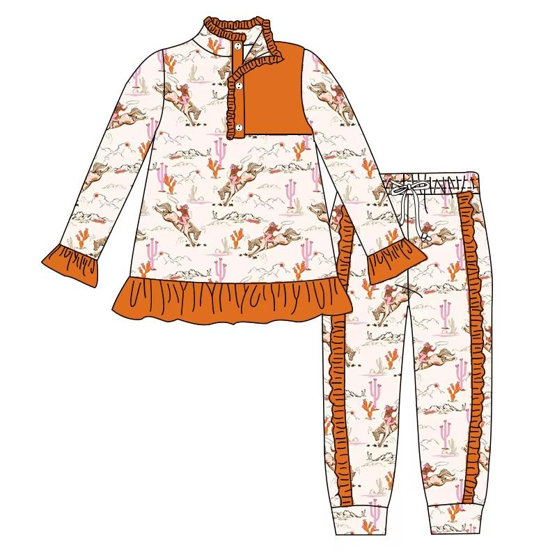 Custom moq 5 each style eta 6-7weeks baby girl clothes riding horse long sleeve pants sets-25.7.26