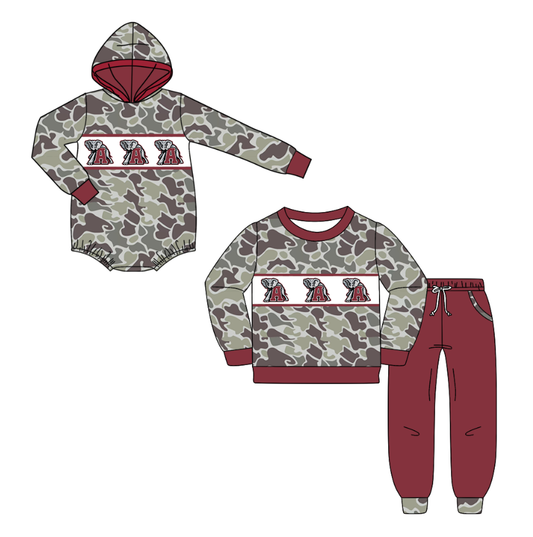 Custom moq 5 mix size milk silk summer teams baby boys clothes camouflage dark red hooded long sleeve pants sets and romper-25.10.20