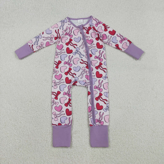 RTS NO MOQ（In Stock ) Heart-shaped bow pattern pinkish-purple zip-up long-sleeved jumpsuit