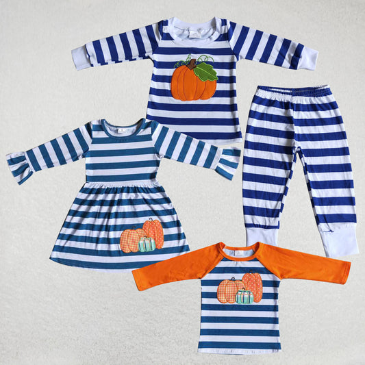 RTS Pumpkin Embroidery Striped Pajama Skirt Top Set Matching