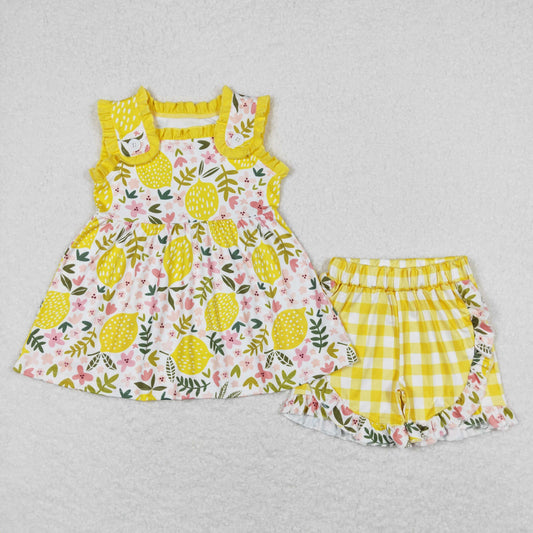GSSO0752 Lemon flower sleeveless yellow and white plaid shorts suit