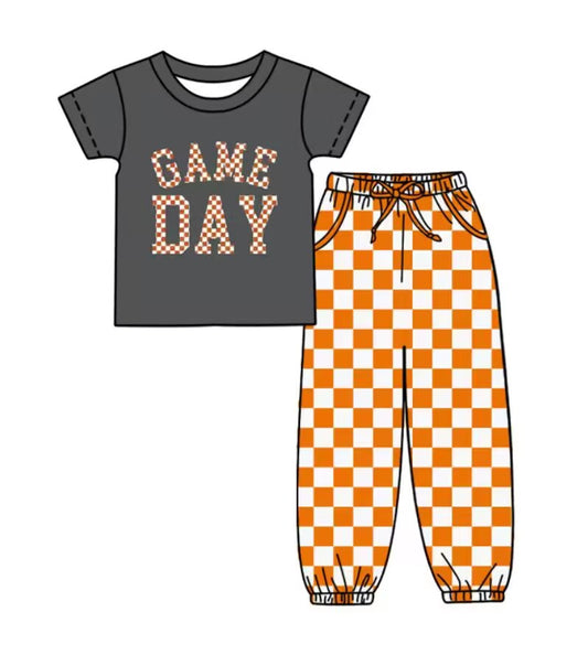 Custom summer teams baby boy clothes team GAME DAY orange plaid short sleeve pants sets-25.8.30