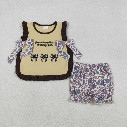 3/6m-6/7t RTS NO MOQ（In Stock) GSSO2730 Embroidered Jesus Loves This Country Girl Letter Camouflage Bow Pattern Brown Lace Sleeveless Shorts Set