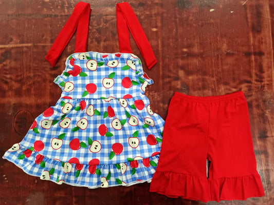 custom moq 5 eta 4-6weeks summer baby girls clothes apple flying sleeve red shorts sets