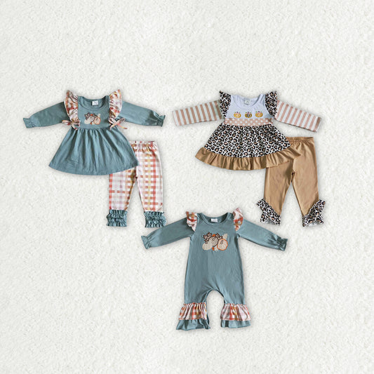 RTS NO MOQ GLP0156 LR0105 GLP0184  Embroidered Pumpkin Pattern Fly Sleeve Long Sleeve Set & Long Romper