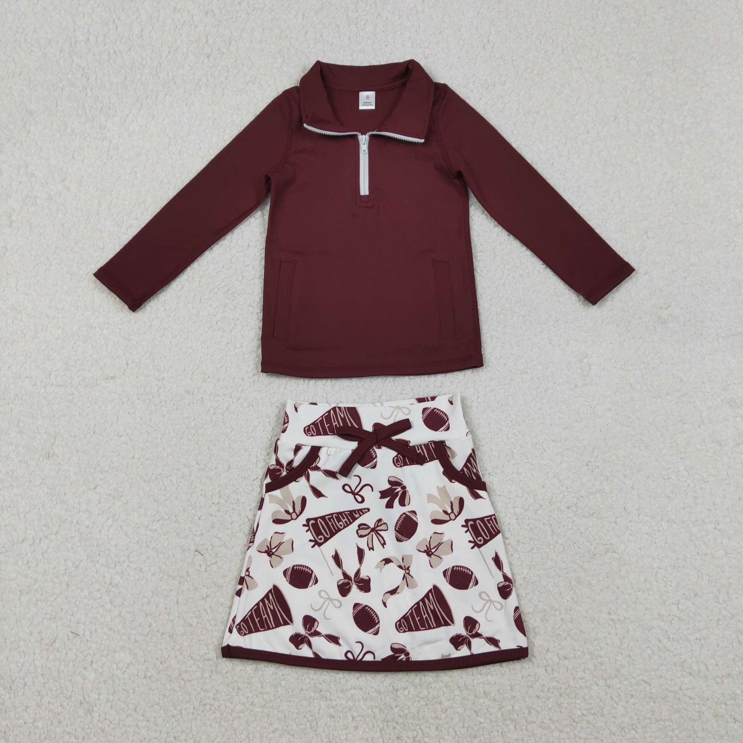 RTS NO MOQ（In Stock) GO TEAM Gold-Red Bow Pattern Trumpet Football Pocket Zipper-Up Long-Sleeve White Skirt Yoga Set