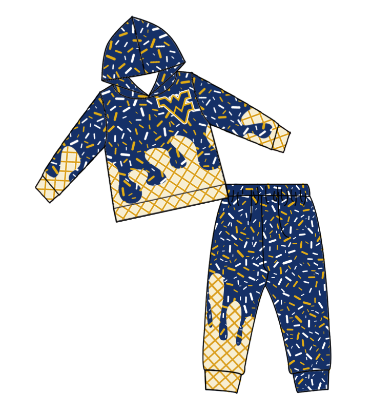 Custom moq 5 mix size milk silk summer teams baby girls clothes dark blue hooded long sleeve pants sets and boy sets 2 and tops 2-25.9.2