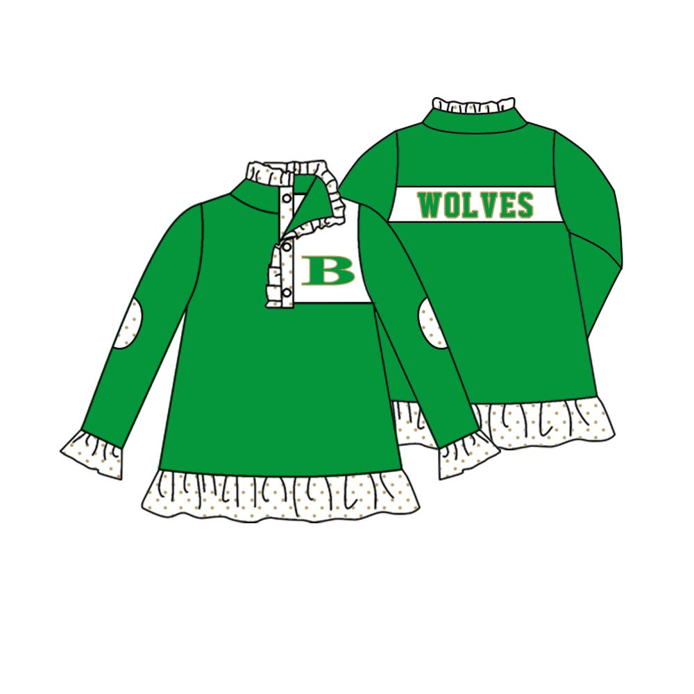 custom moq 5 mix size SHCN0101 Girls And Boys Green Letter Print Quarter Zip Long Sleeve Pullover