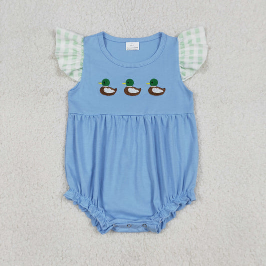 RTS NO MOQ（In Stock ) SR3266 Embroidered three ducks green and white checkered lace blue flutter sleeve vest bodysuit