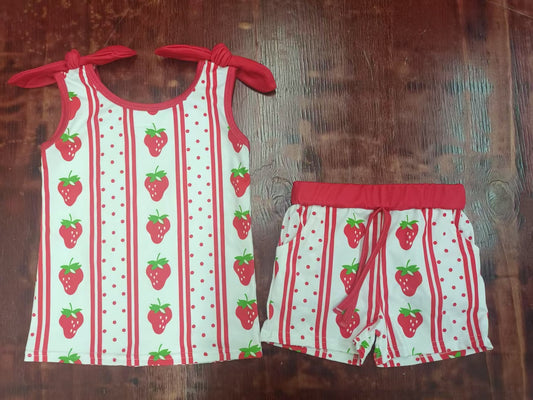 Custom moq 3 eta 6-7weeks baby girls clothes strawberry red sleeveless shorts sets
