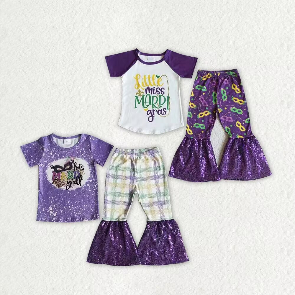 RTS NO MOQ  Mask Letter Short Sleeve Top & Sequin Flared Pants Set