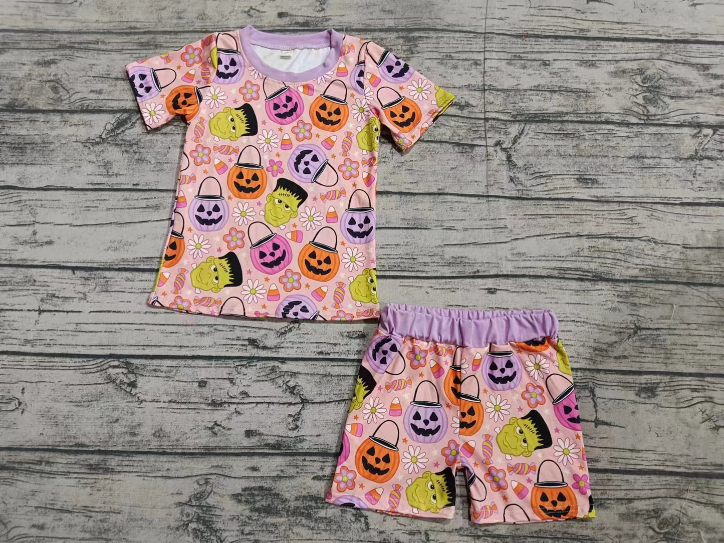 Custom moq 3 eta 6-7weeks Pink and purple Halloween pumpkin boy short-sleeved suit