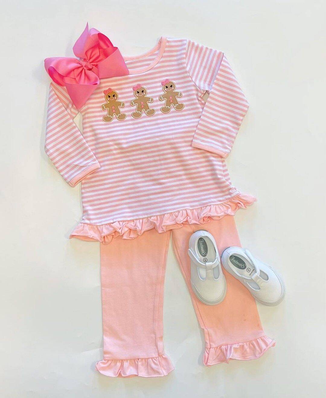 Deadline November 5 custom no moq eta 6-8weeks Bow Cookie Bear Pink Striped Long Sleeve Pants Set