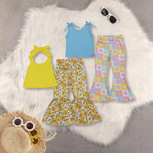 RTS Sibling baby girl clothes floral plaid Short Sleeve pants sets
