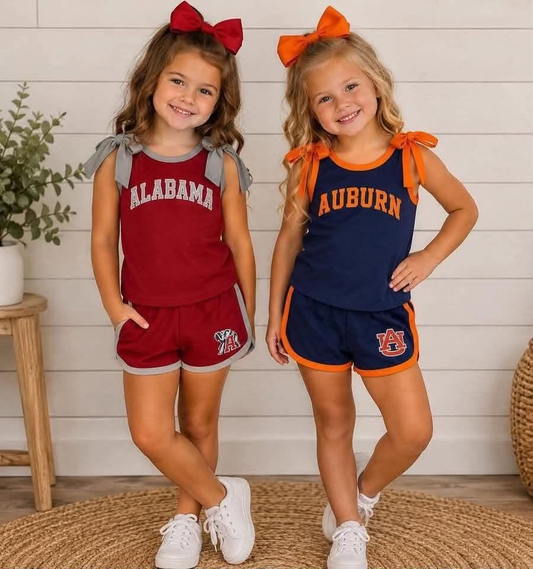 RTS NO MOQ Sibling Vinyl Baby Girls Team Graphic Top With White Bow Shorts Team Set