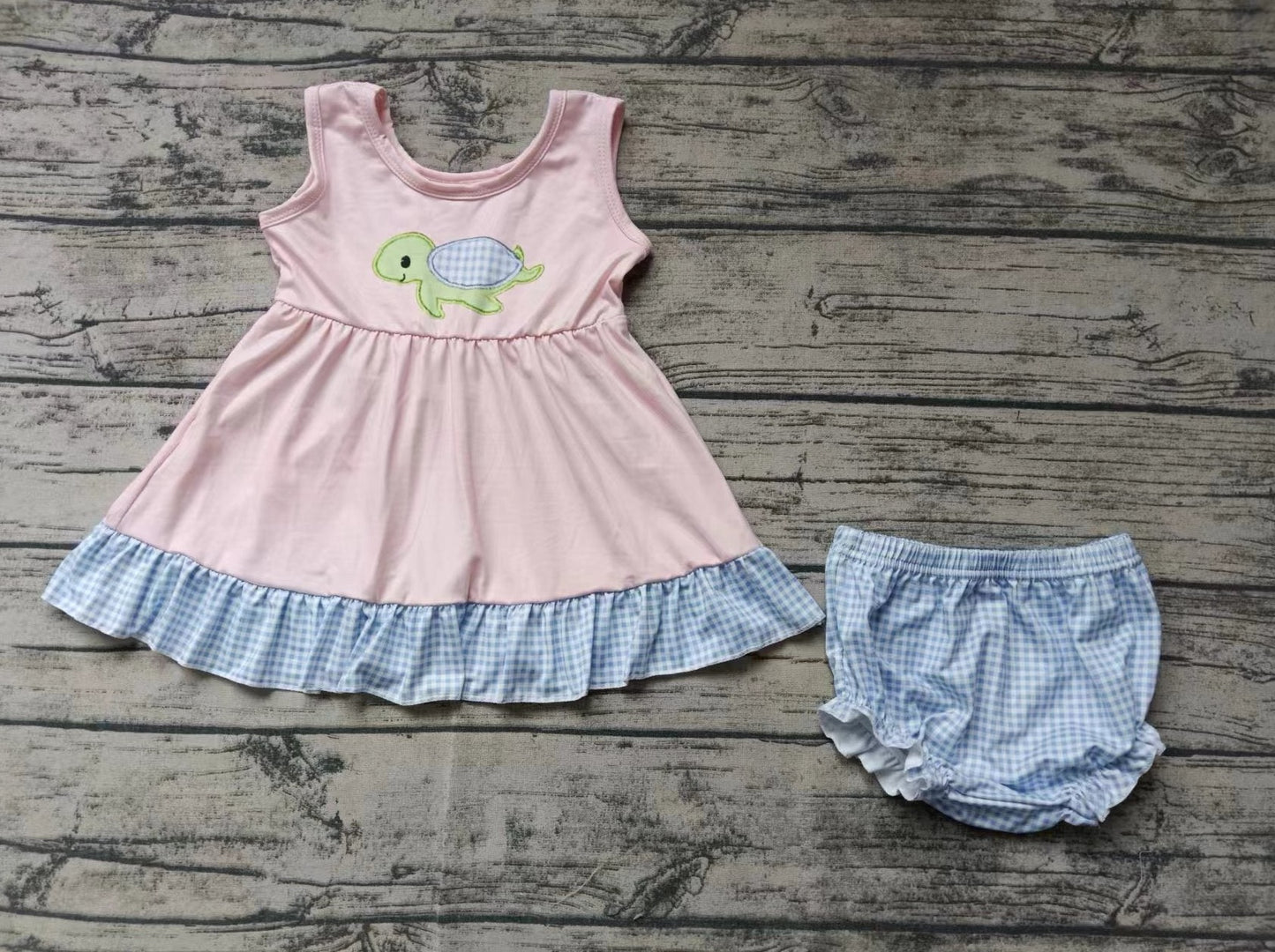 custom moq 5 eta 4-6weeks mix size baby girls clothes  turtle sleeveless blue briefs Set