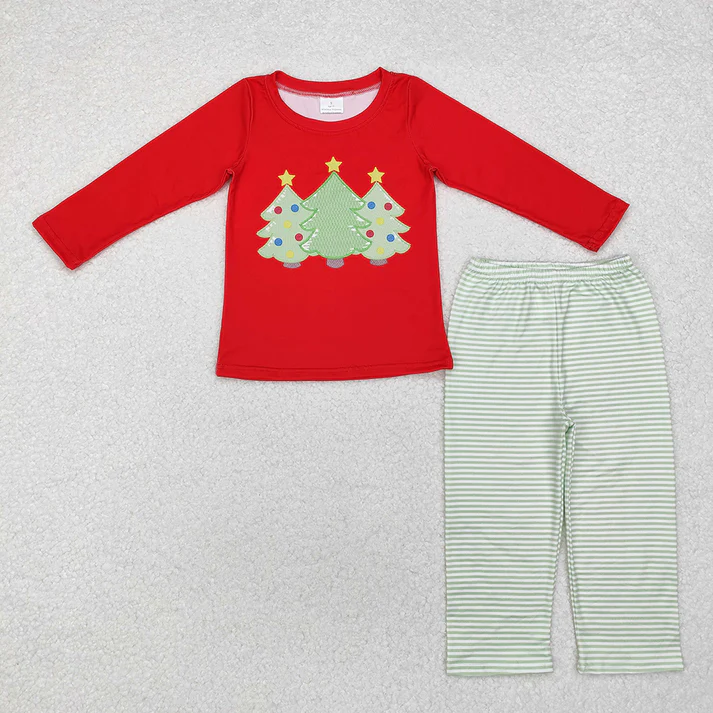 RTS NO MOQ Lighted Christmas Tree Pattern Red Romper & Long Sleeve Pants Set for Infant Boys and Girls
