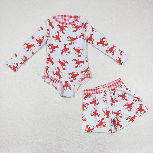 Baby Girls boys Lobster print blue swimsuit and trunks Family siblings set
