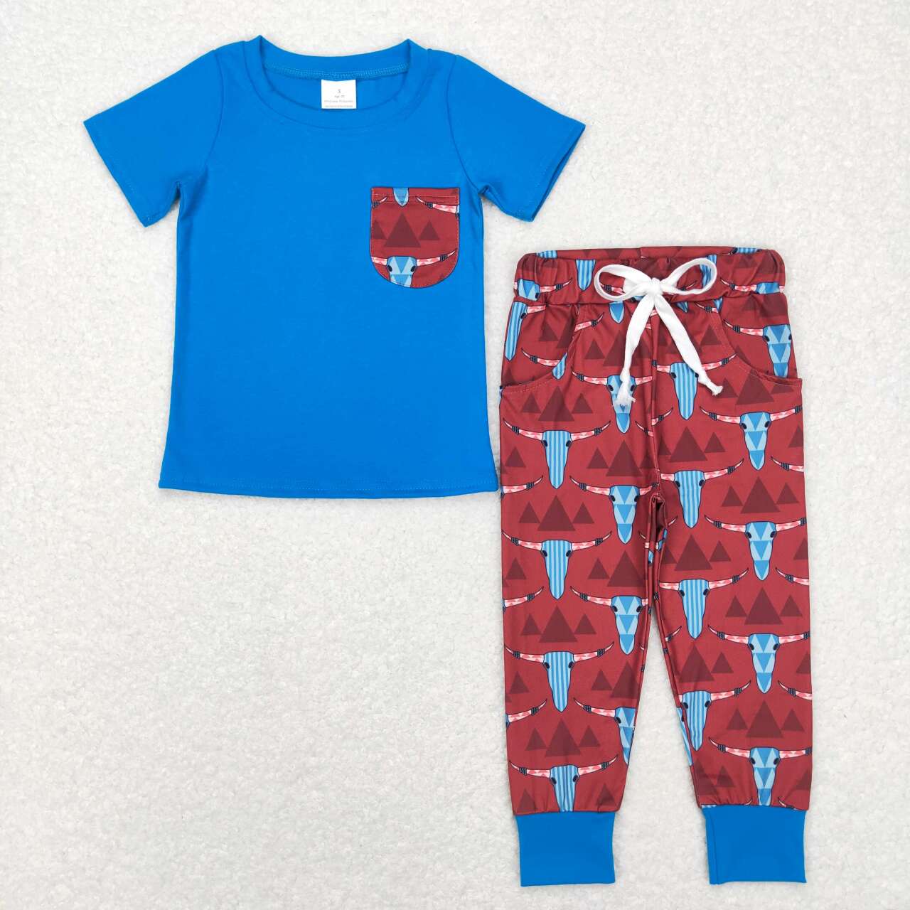 RTS NO MOQ（In Stock ) BSPO0188 Triangular hill alpine cow head pocket blue short-sleeved trousers suit