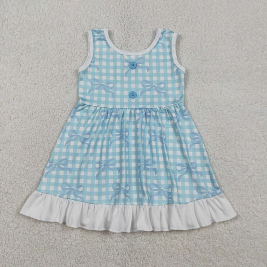 RTS NO MOQ（In Stock ) GSD3144 Blue checkered button-down dress with bow pattern