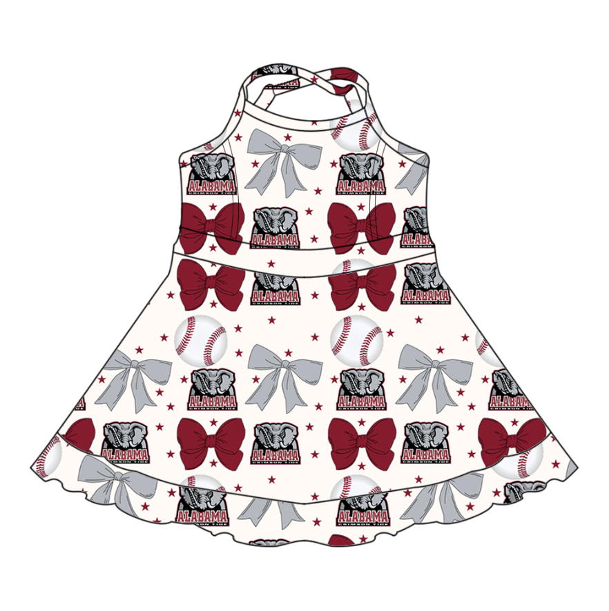 Custom moq 5 mix sizes summer teams baby girls clothes team baseball bow brick red short sleeve dress-25.6.13
