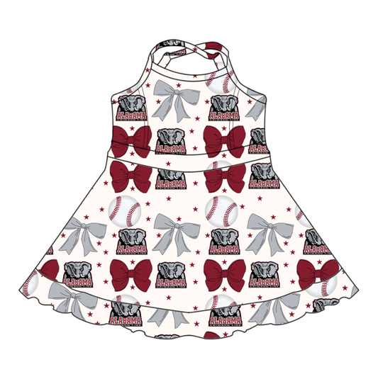 Custom moq 5 mix sizes summer teams baby girls clothes team baseball bow brick red short sleeve dress-25.6.13