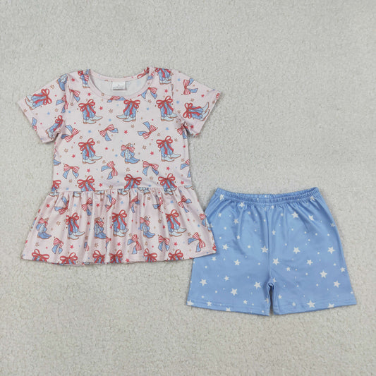 RTS NO MOQ（In Stock) National Day Star and Bow Pattern Boots Short-Sleeve Blue Shorts Set