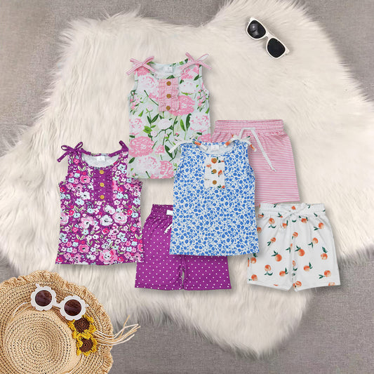 RTS NO MOQ Sibling baby girl Clothes floral sleeveless shorts Sets
